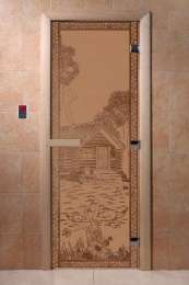 Дверь банная (БРОНЗА МАТОВОЕ) 1900*700  ольха-липа, кедр рисунок Банька в лесу DW (00923)